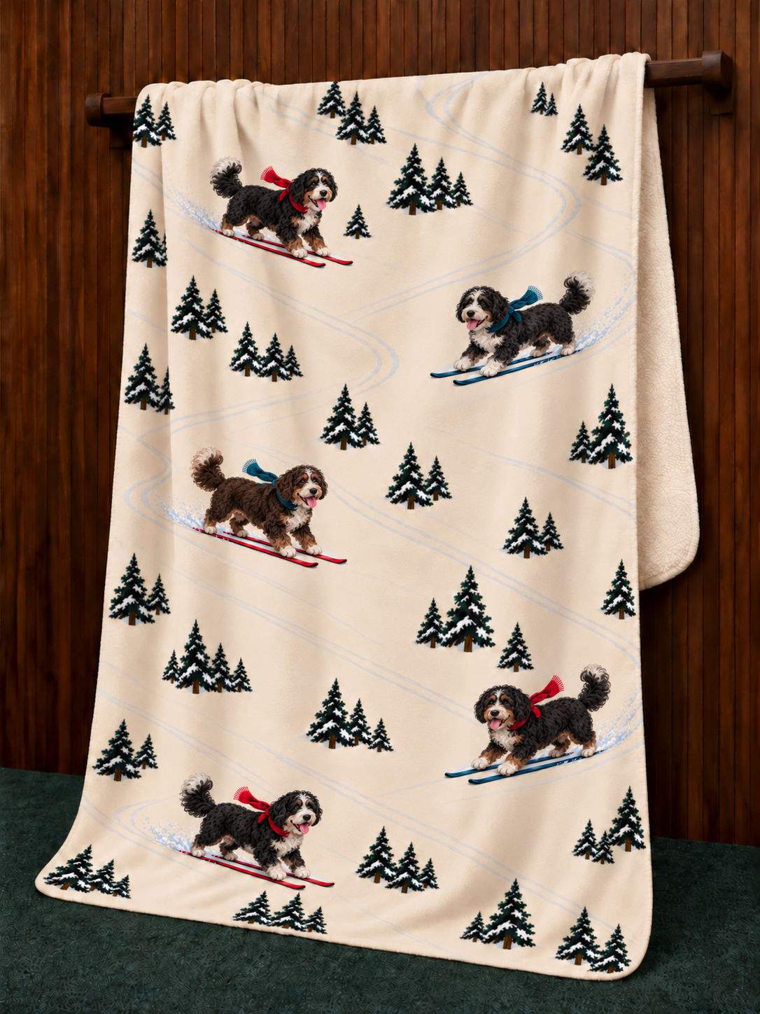 Bernedoodle beige Christmas skiing fleece blanket — hanging view