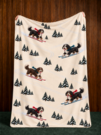 Bernedoodle beige Christmas skiing fleece blanket — held view