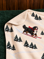 Bernese Mountain Dog beige Christmas skiing fleece blanket — detail view