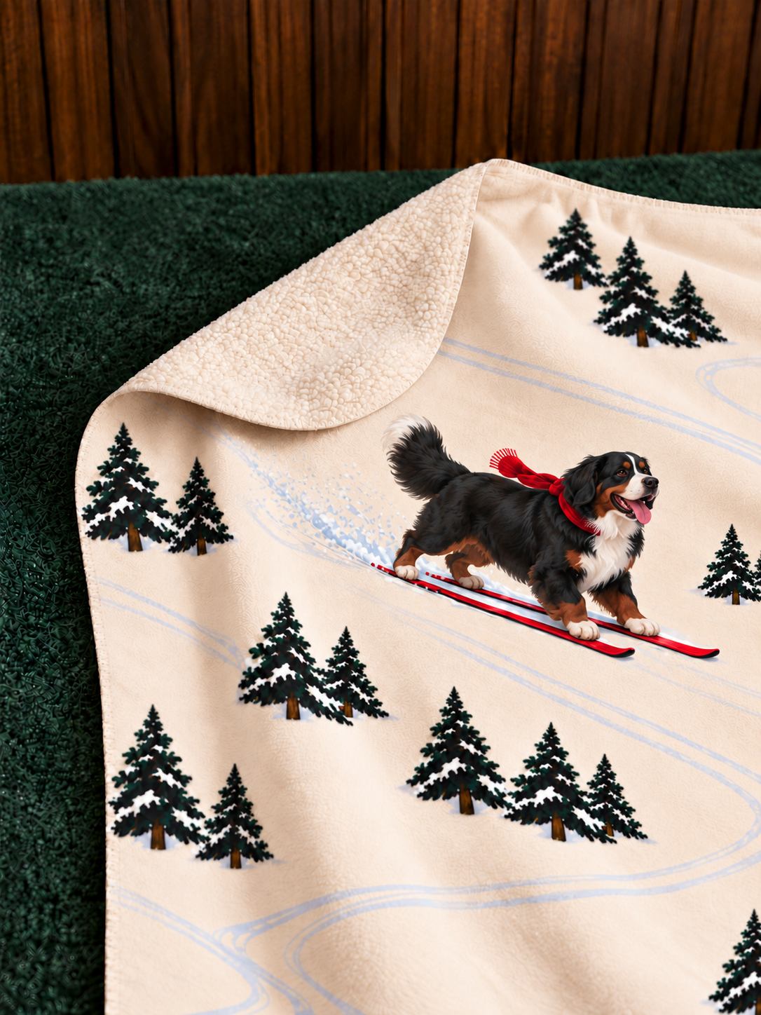 Bernese Mountain Dog beige Christmas skiing fleece blanket — detail view