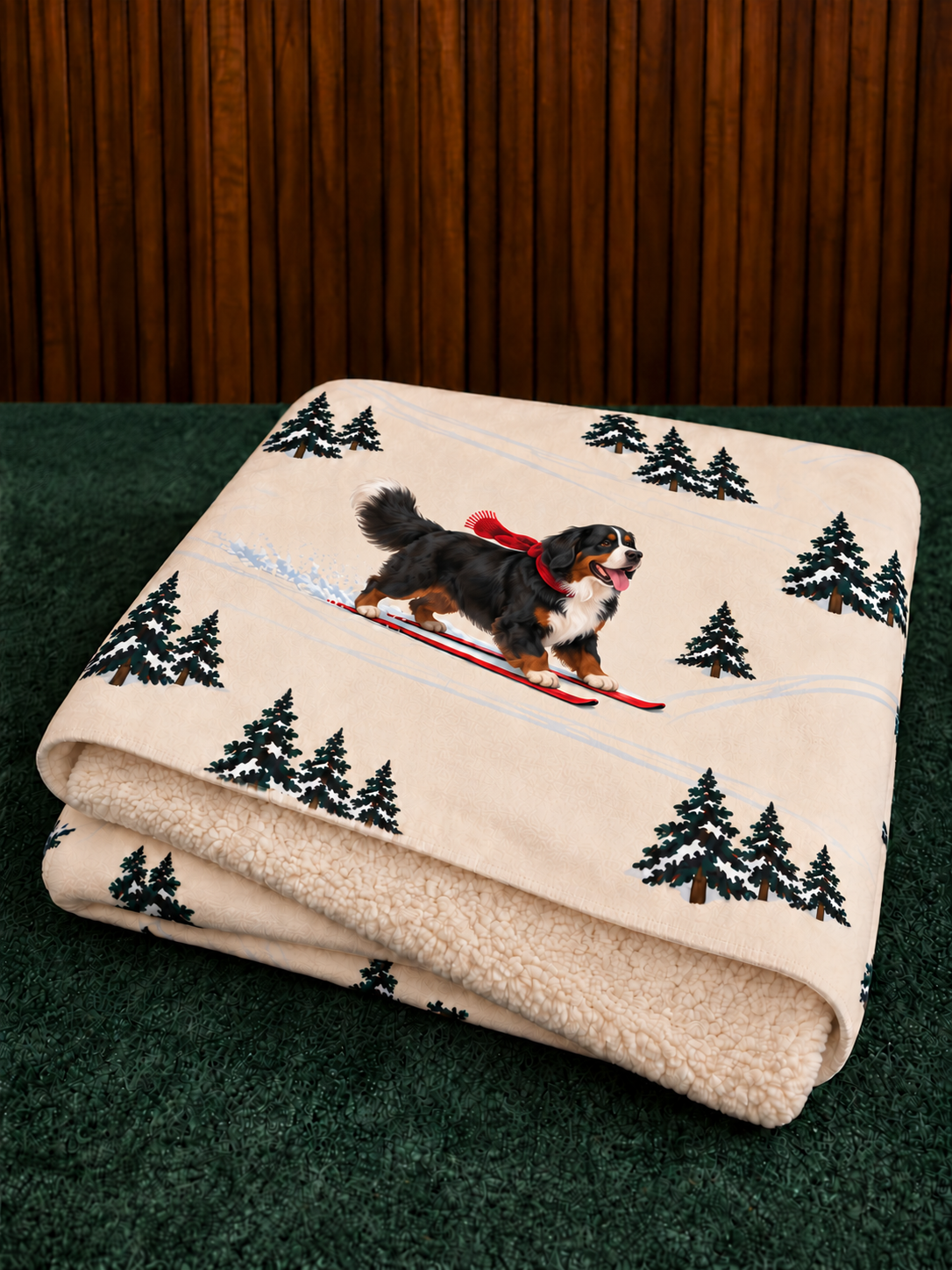 Bernese Mountain Dog beige Christmas skiing fleece blanket — folded view