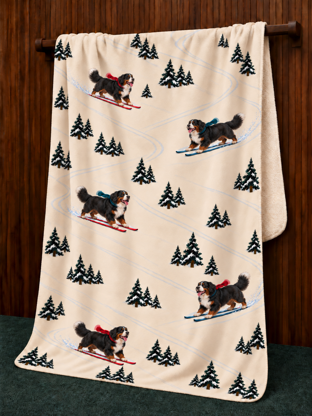 Bernese Mountain Dog beige Christmas skiing fleece blanket — hanging view