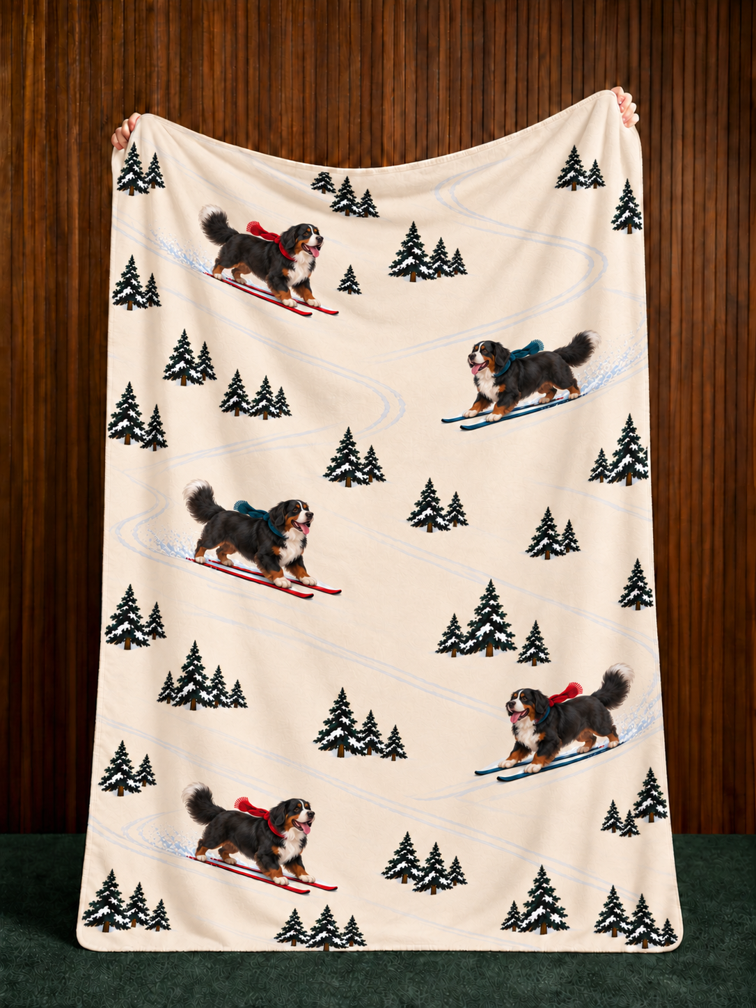 Bernese Mountain Dog beige Christmas skiing fleece blanket — held view