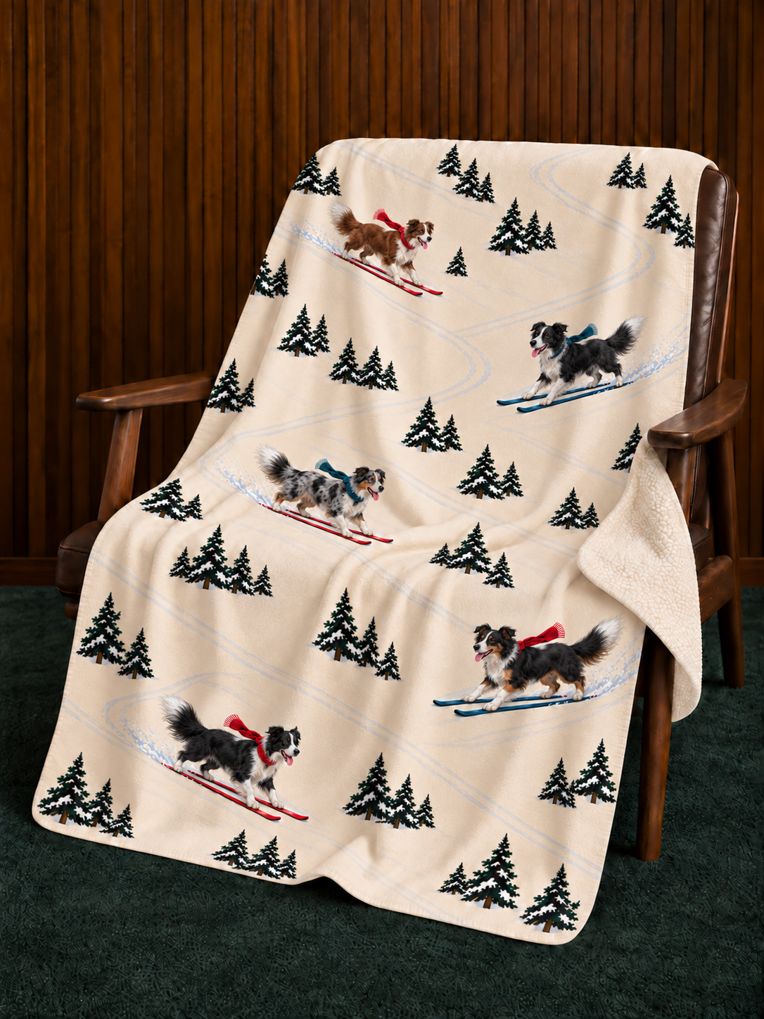 Border Collie beige Christmas skiing fleece blanket — chair view