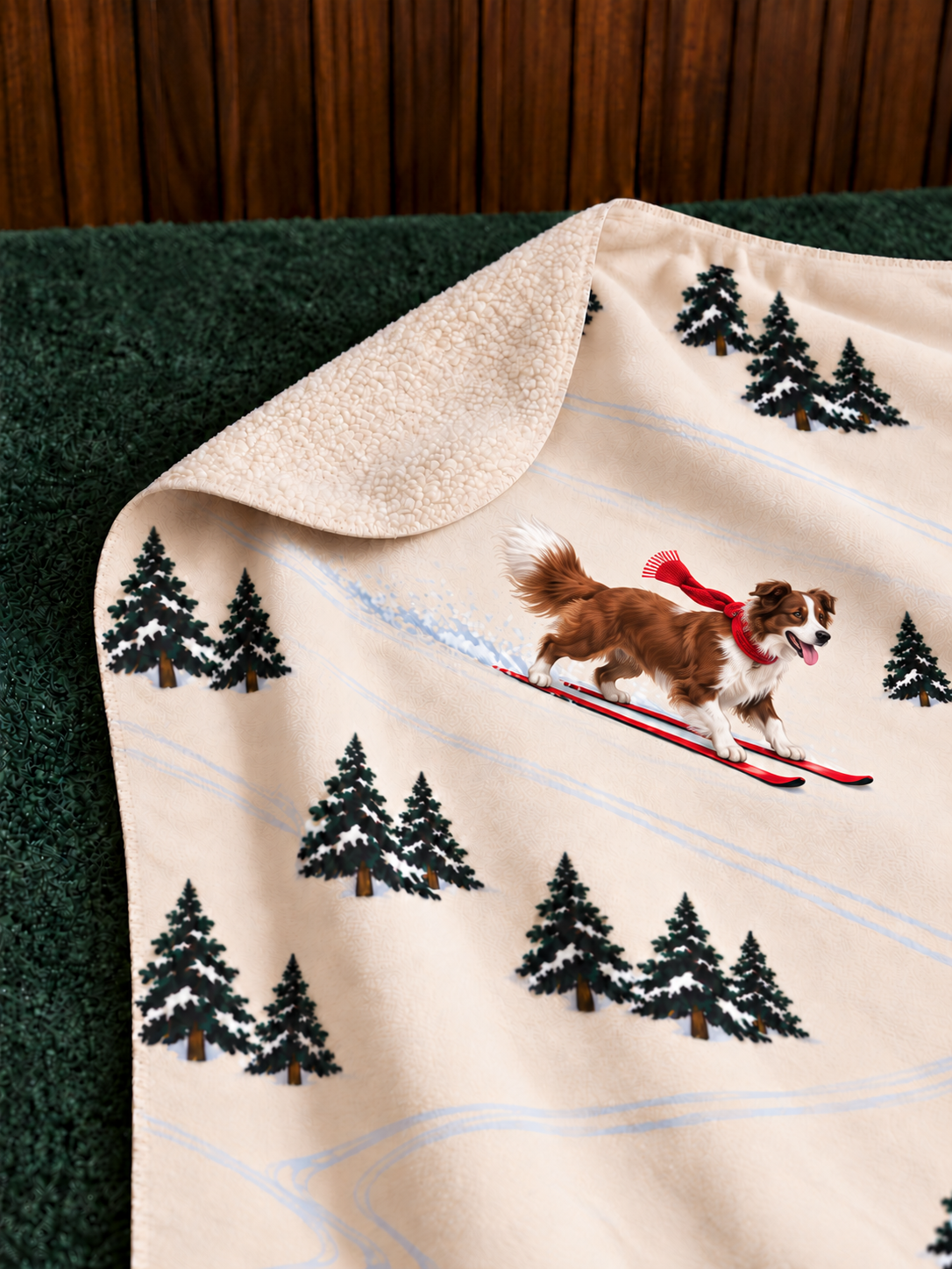 Border Collie beige Christmas skiing fleece blanket — detail view