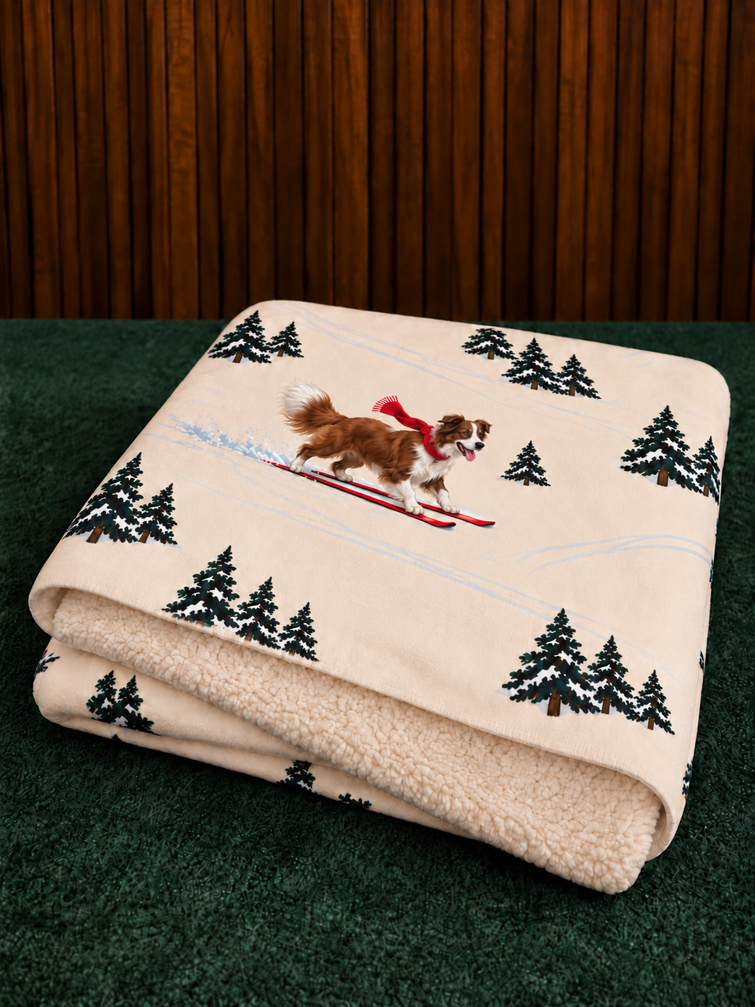 Border Collie beige Christmas skiing fleece blanket — folded view