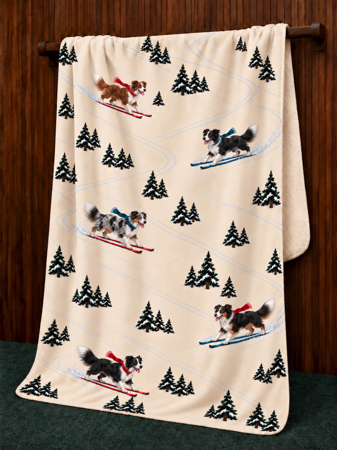 Border Collie beige Christmas skiing fleece blanket — hanging view