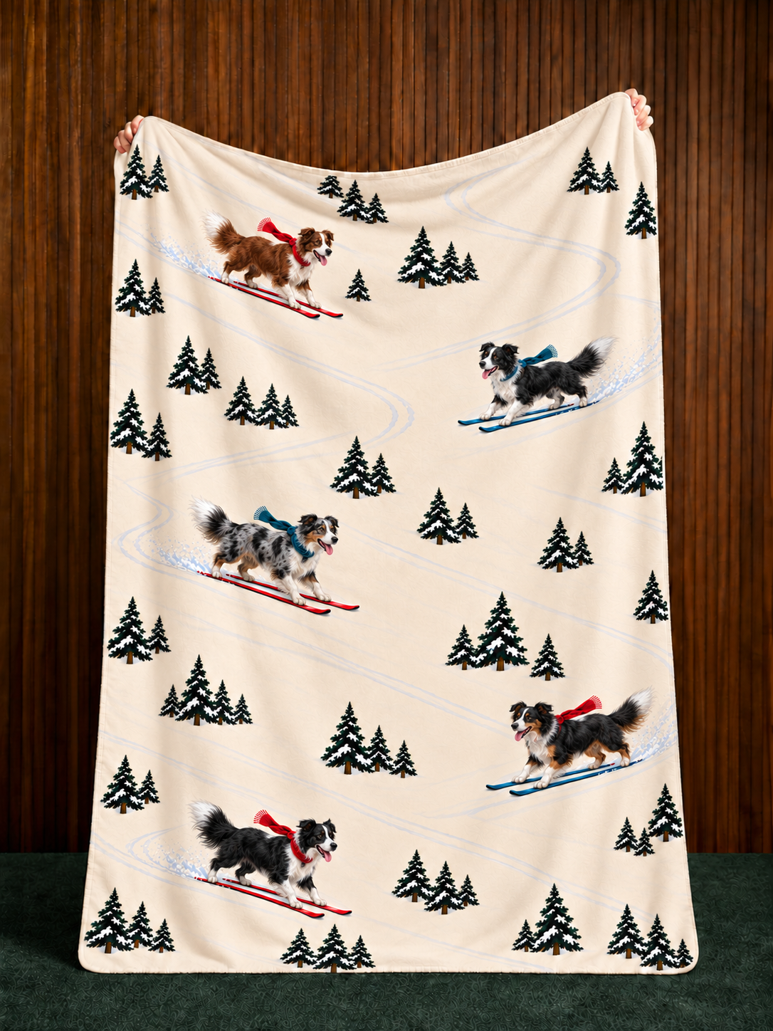 Border Collie beige Christmas skiing fleece blanket — held view