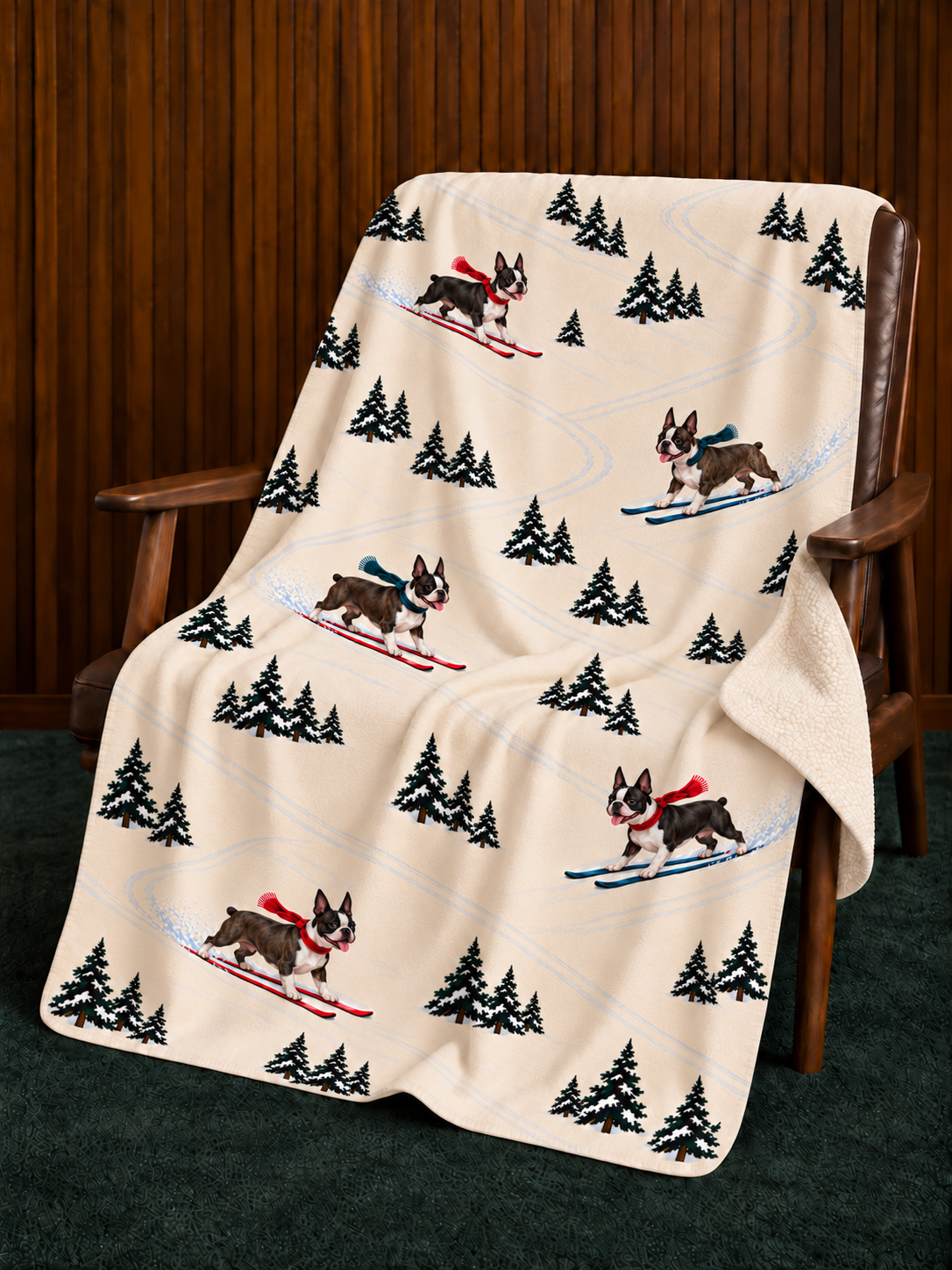 Boston Terrier beige Christmas skiing fleece blanket — chair view