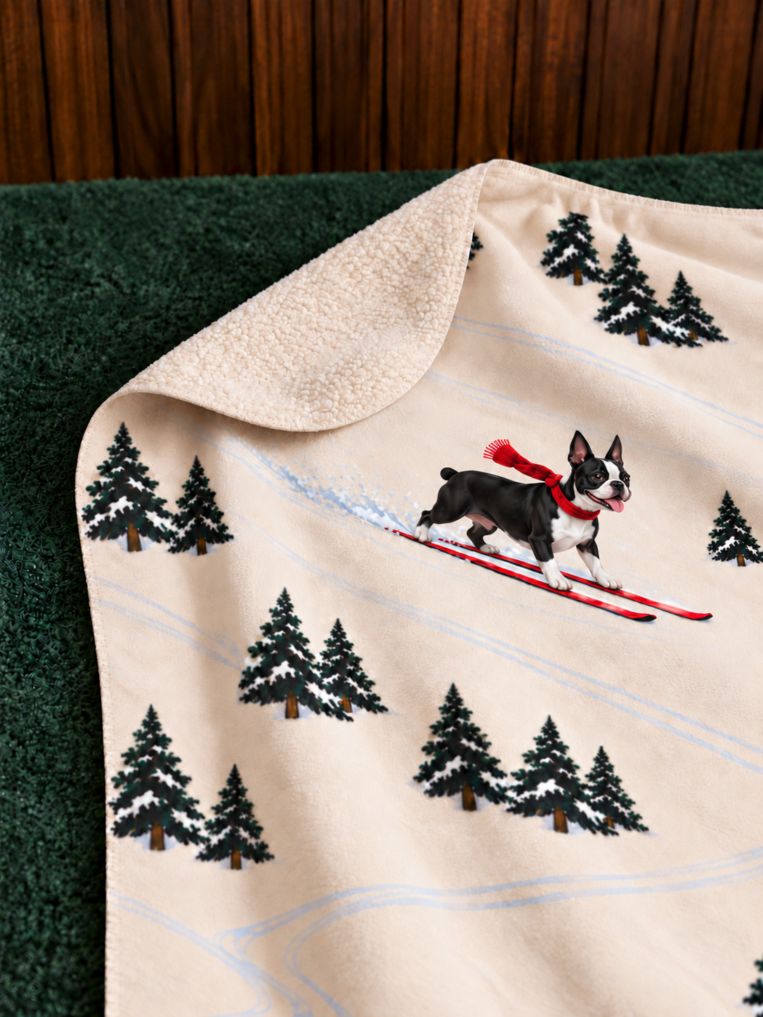 Boston Terrier beige Christmas skiing fleece blanket — detail view