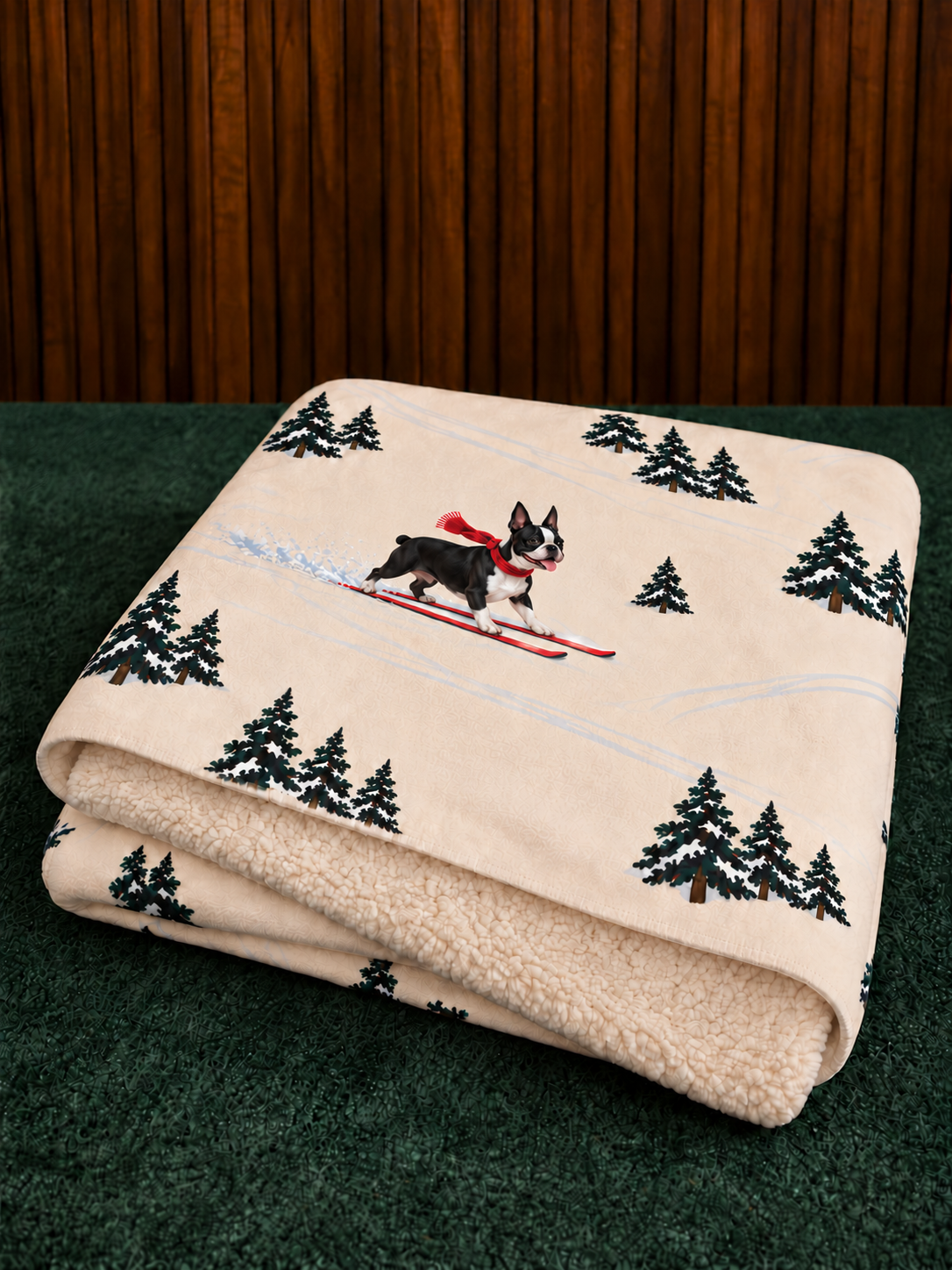 Boston Terrier beige Christmas skiing fleece blanket — folded view