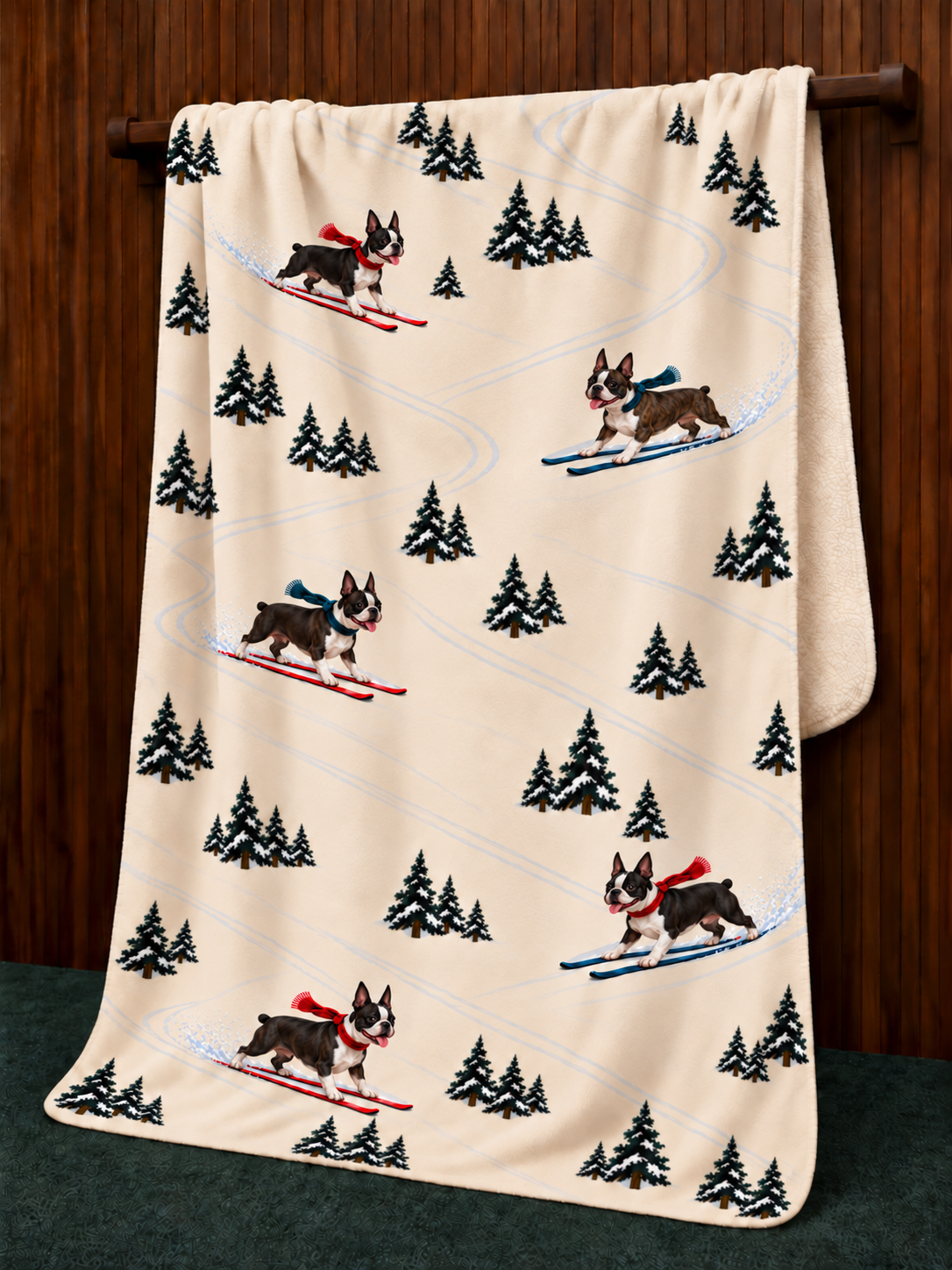 Boston Terrier beige Christmas skiing fleece blanket — hanging view