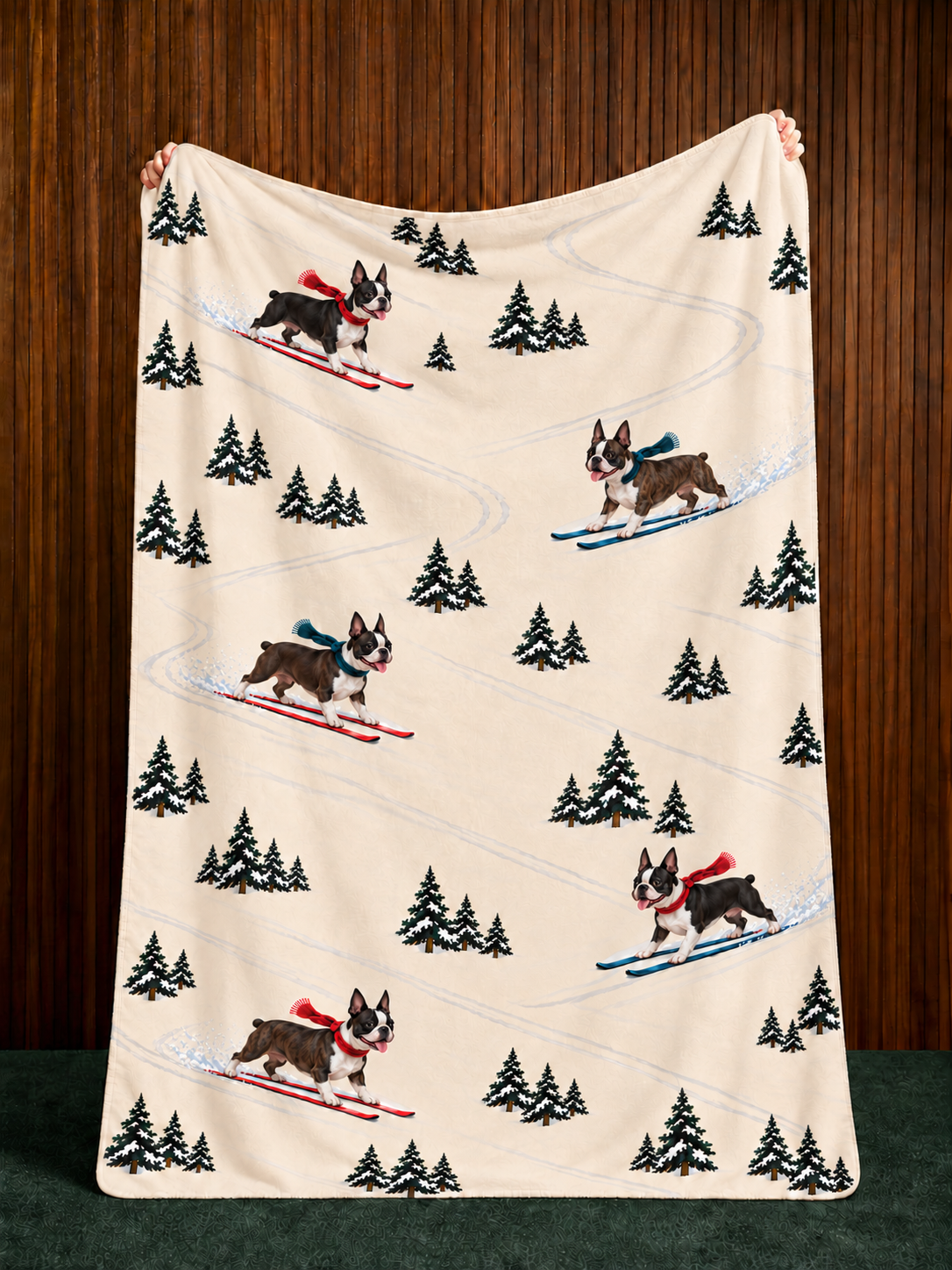 Boston Terrier beige Christmas skiing fleece blanket — held view