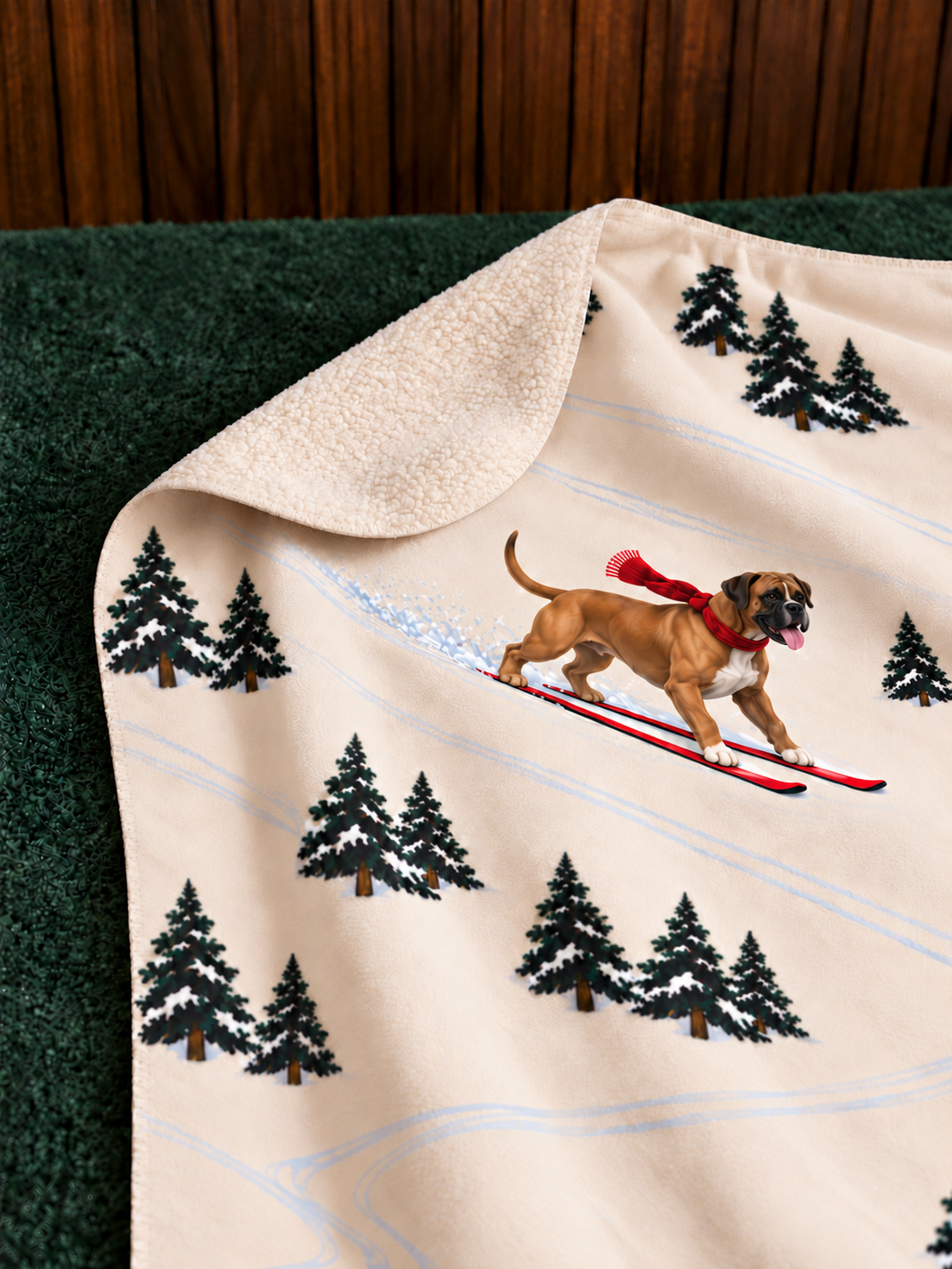 Boxer beige Christmas skiing fleece blanket — detail view
