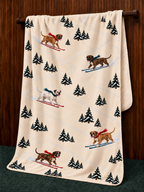 Boxer beige Christmas skiing fleece blanket — hanging view