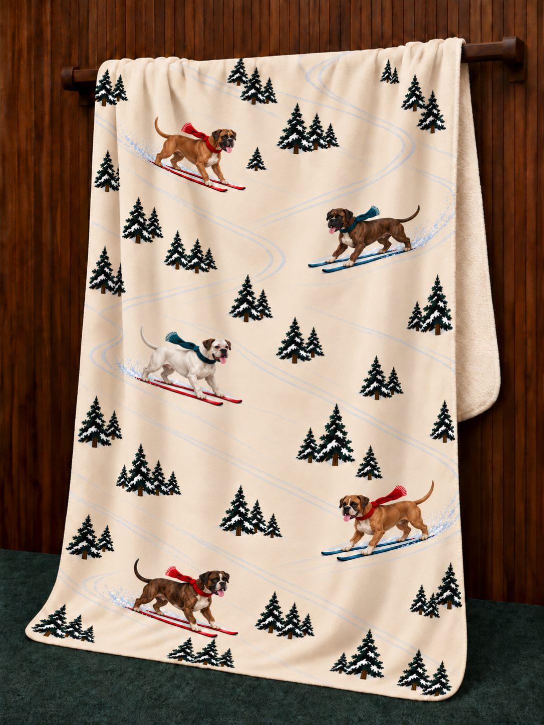 Boxer beige Christmas skiing fleece blanket — hanging view