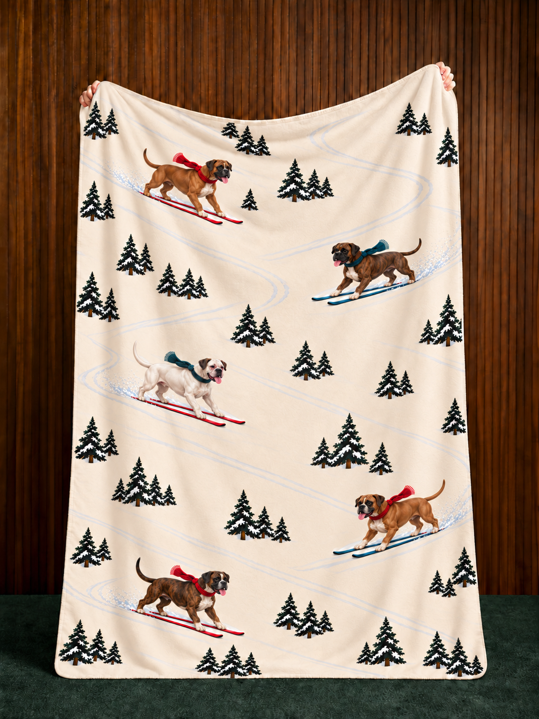 Boxer beige Christmas skiing fleece blanket — held view