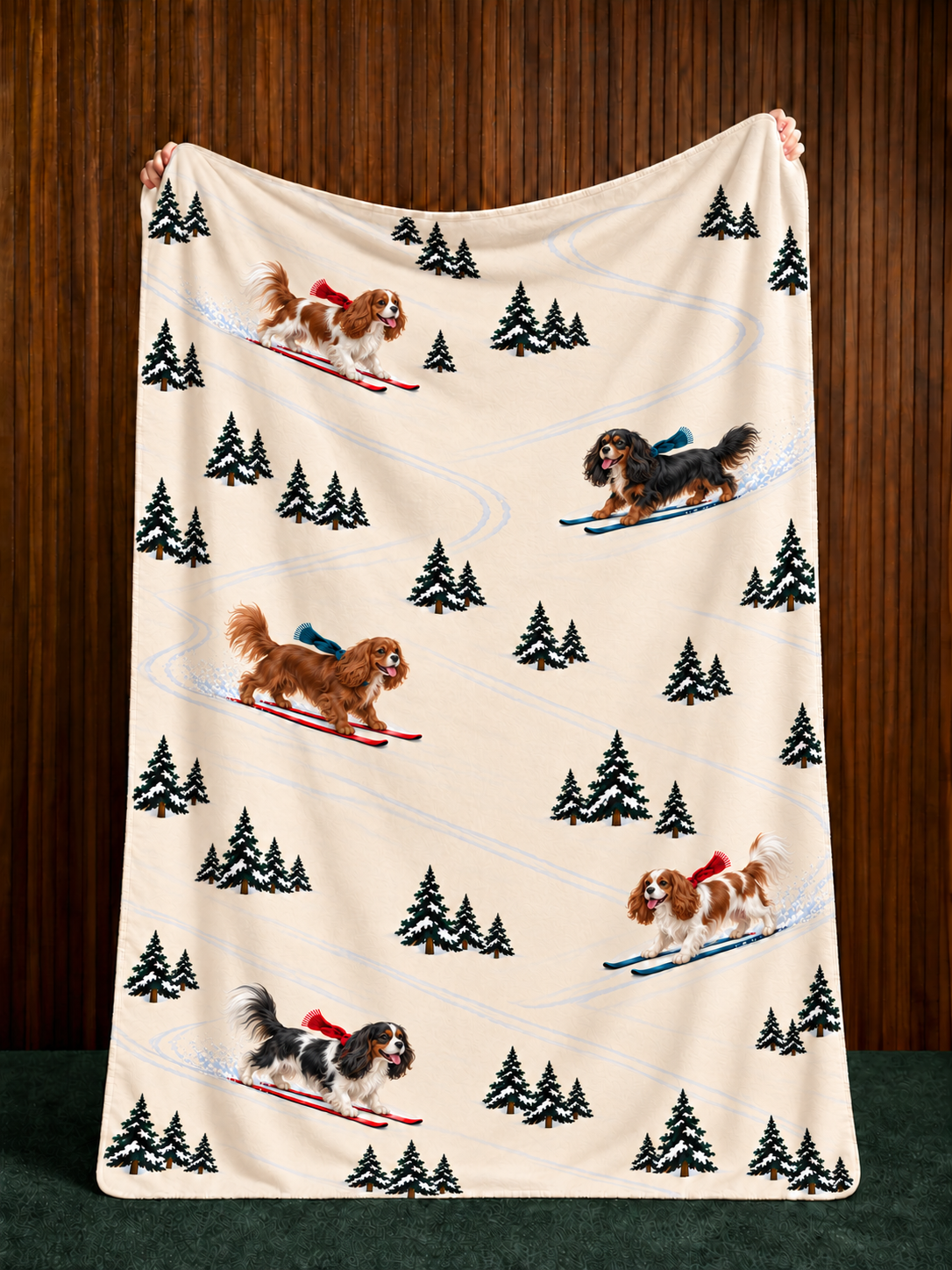 Cavalier King Charles Spaniel beige Christmas skiing fleece blanket — held view