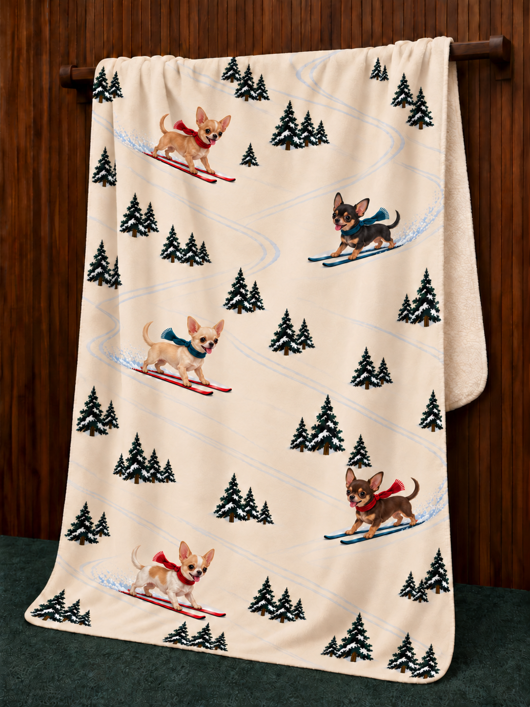 Chihuahua beige Christmas skiing fleece blanket — hanging view