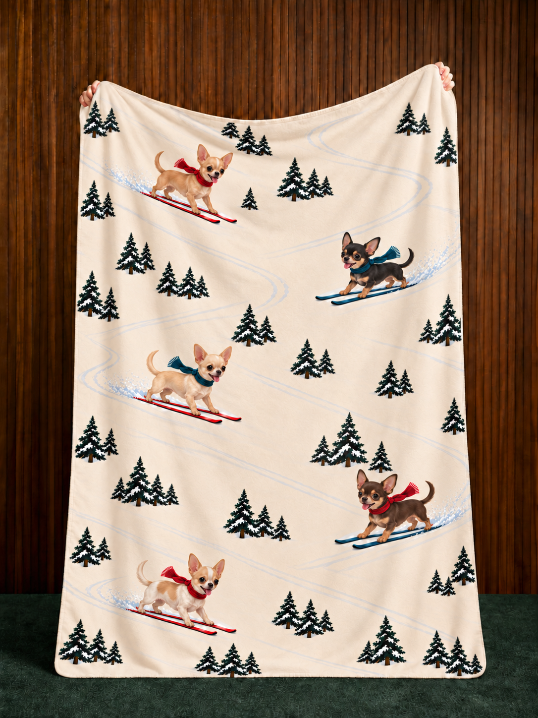 Chihuahua beige Christmas skiing fleece blanket — held view