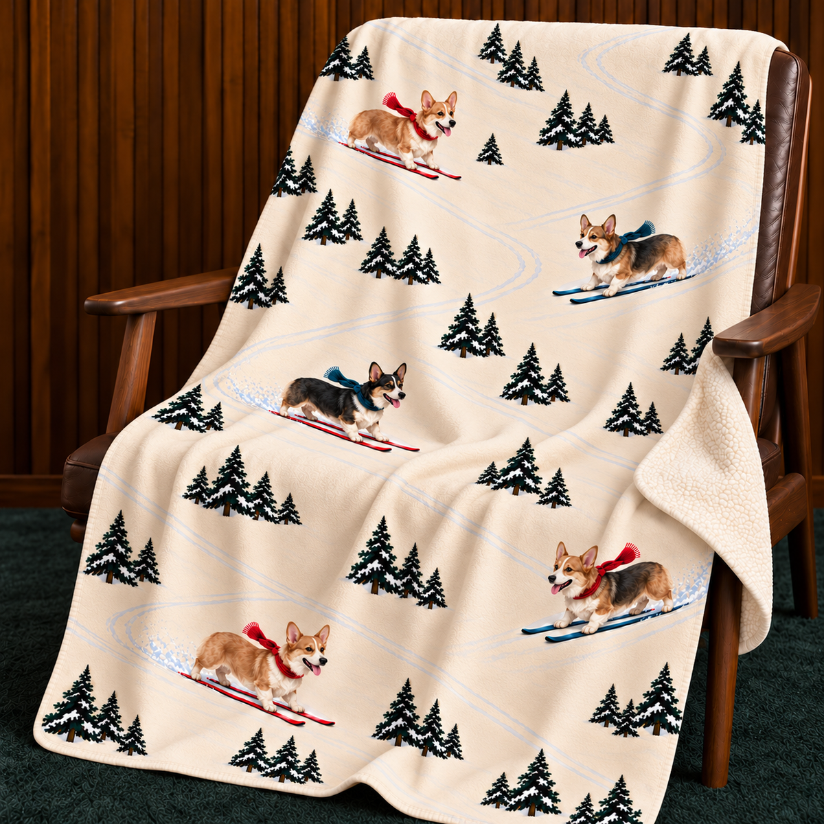 Corgi beige Christmas skiing fleece blanket — chair view