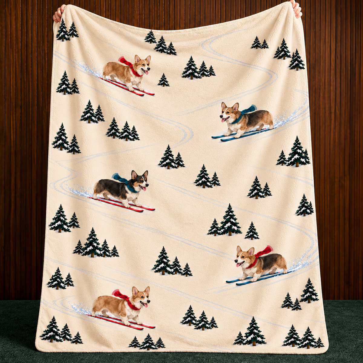 Corgi beige Christmas skiing fleece blanket — held view
