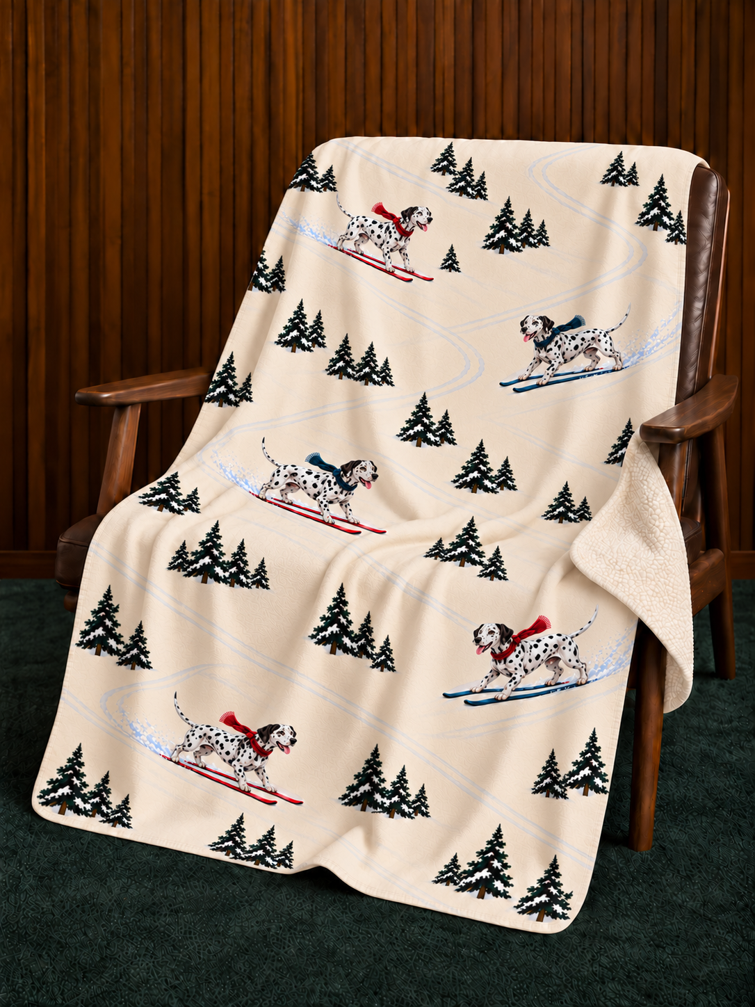 Dalmatian beige Christmas skiing fleece blanket — chair view