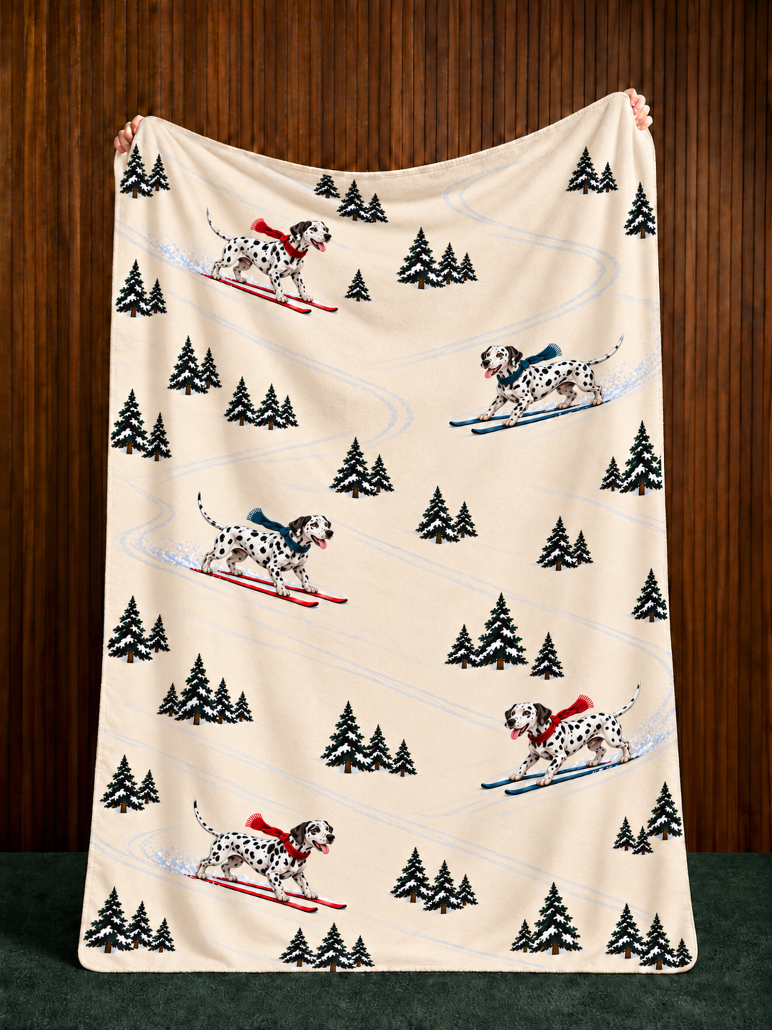 Dalmatian beige Christmas skiing fleece blanket — held view