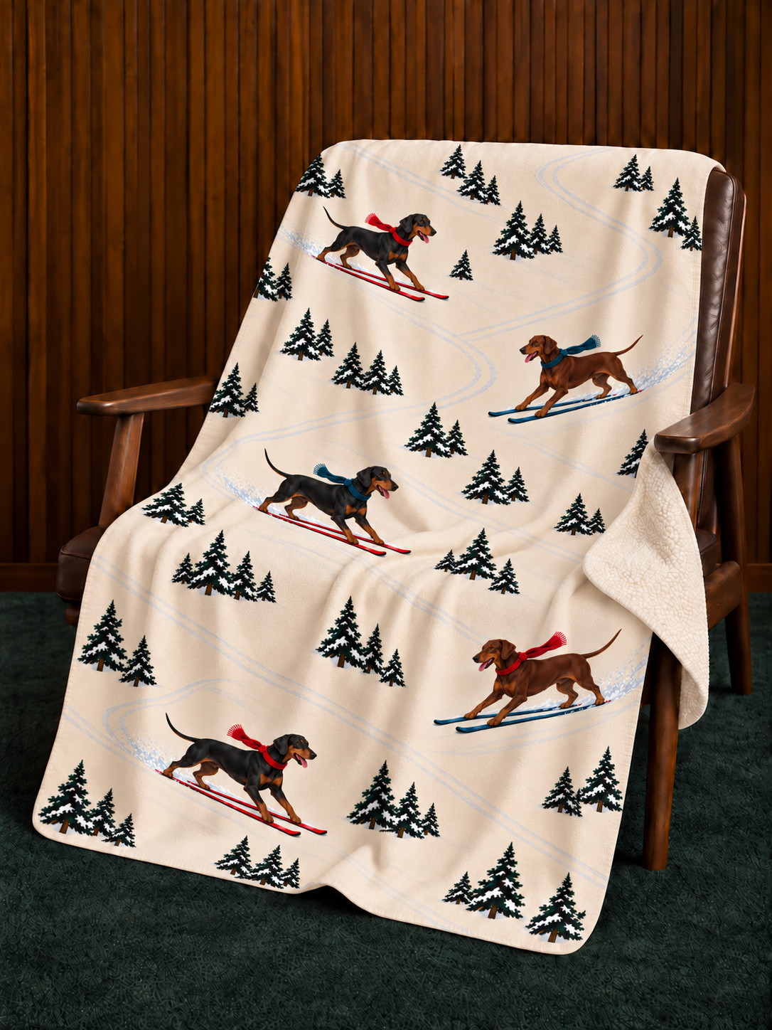 Doberman beige Christmas skiing fleece blanket — chair view