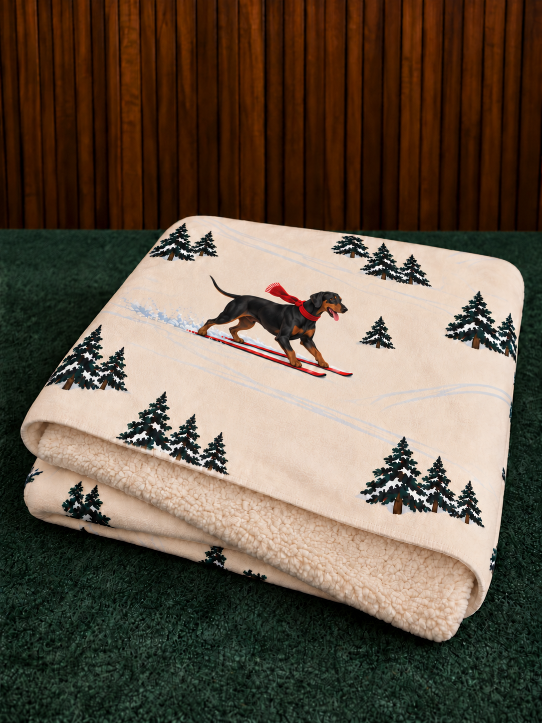 Doberman beige Christmas skiing fleece blanket — folded view