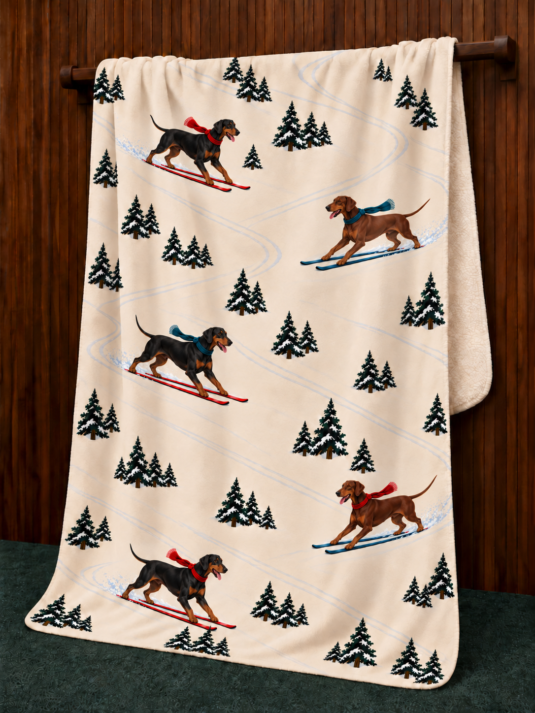 Doberman beige Christmas skiing fleece blanket — hanging view