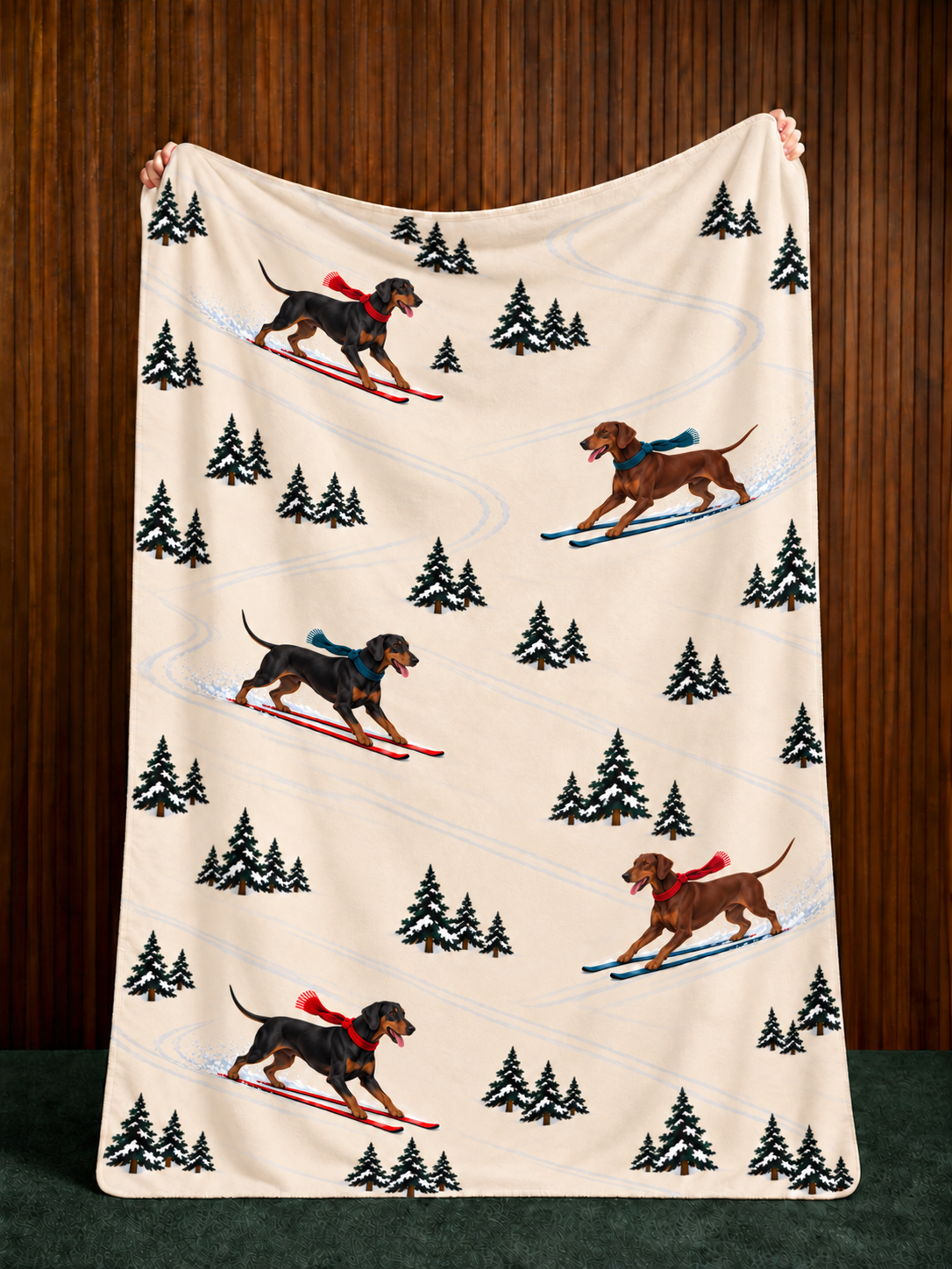 Doberman beige Christmas skiing fleece blanket — held view
