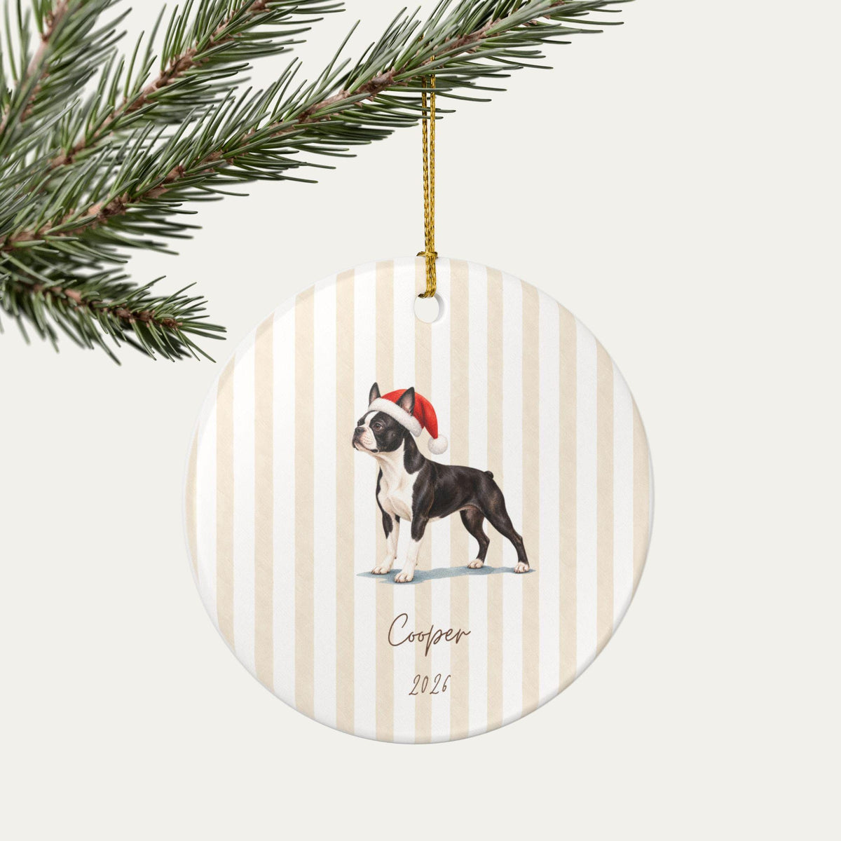 Personalized sand striped Boston Terrier ornament example