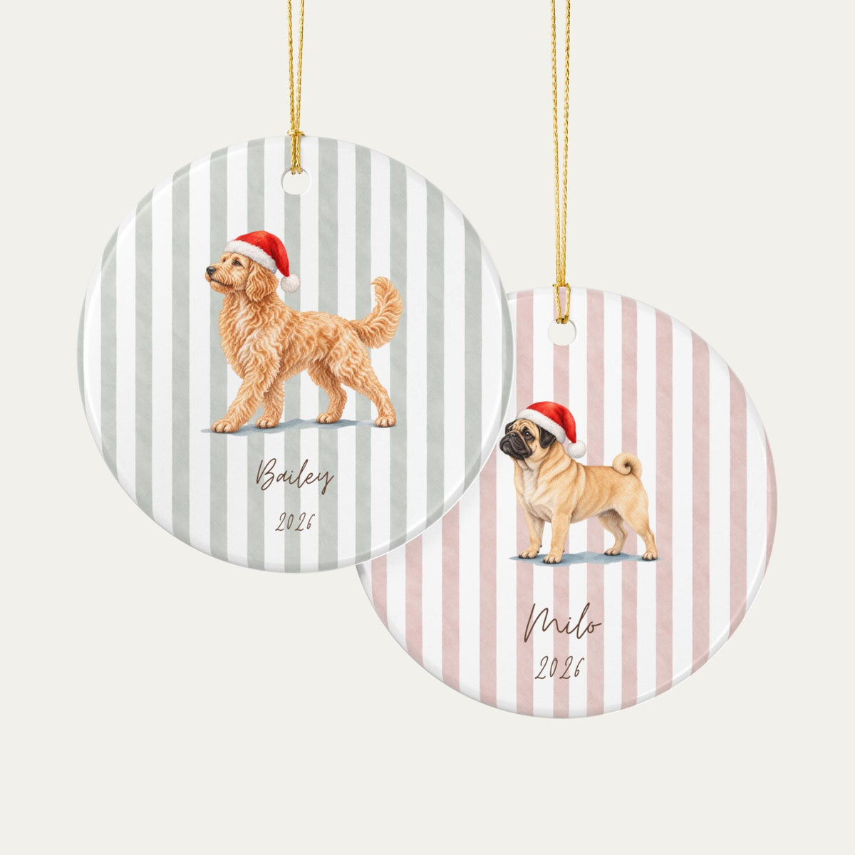 Green and red striped personalized dog ornament examples