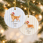 Personalized striped dog ornament examples hanging on a Christmas tree