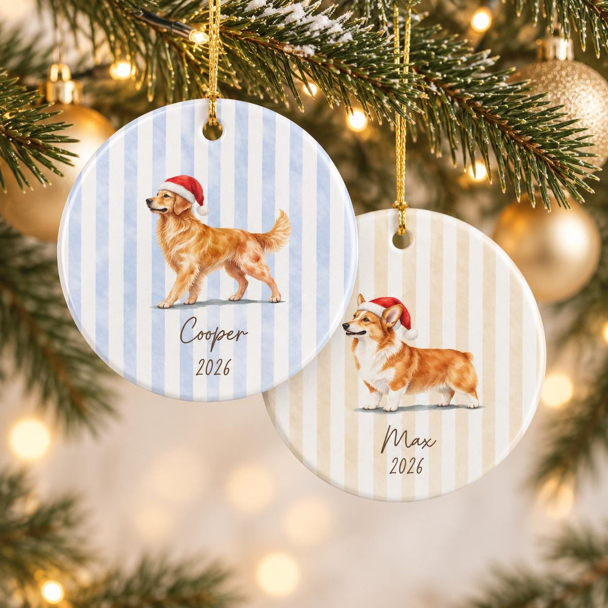 Personalized striped dog ornament examples hanging on a Christmas tree