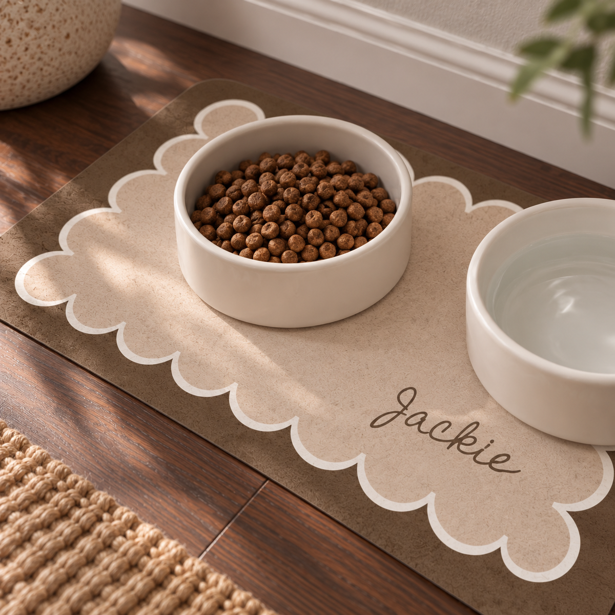 Custom Pet Food Mat Brown Scallop