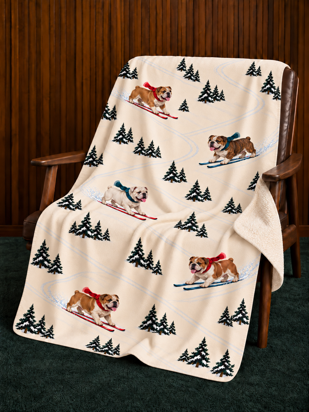 English Bulldog beige Christmas skiing fleece blanket — chair view