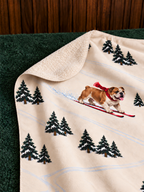 English Bulldog beige Christmas skiing fleece blanket — detail view