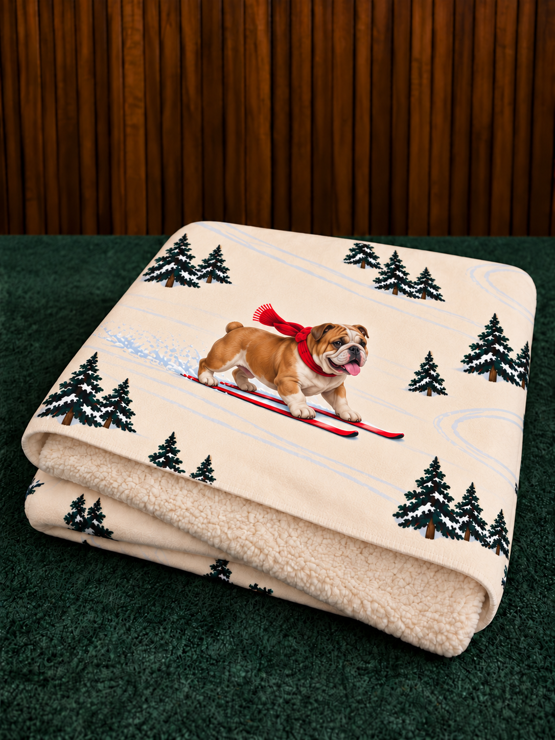 English Bulldog beige Christmas skiing fleece blanket — folded view