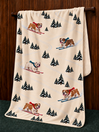 English Bulldog beige Christmas skiing fleece blanket — hanging view