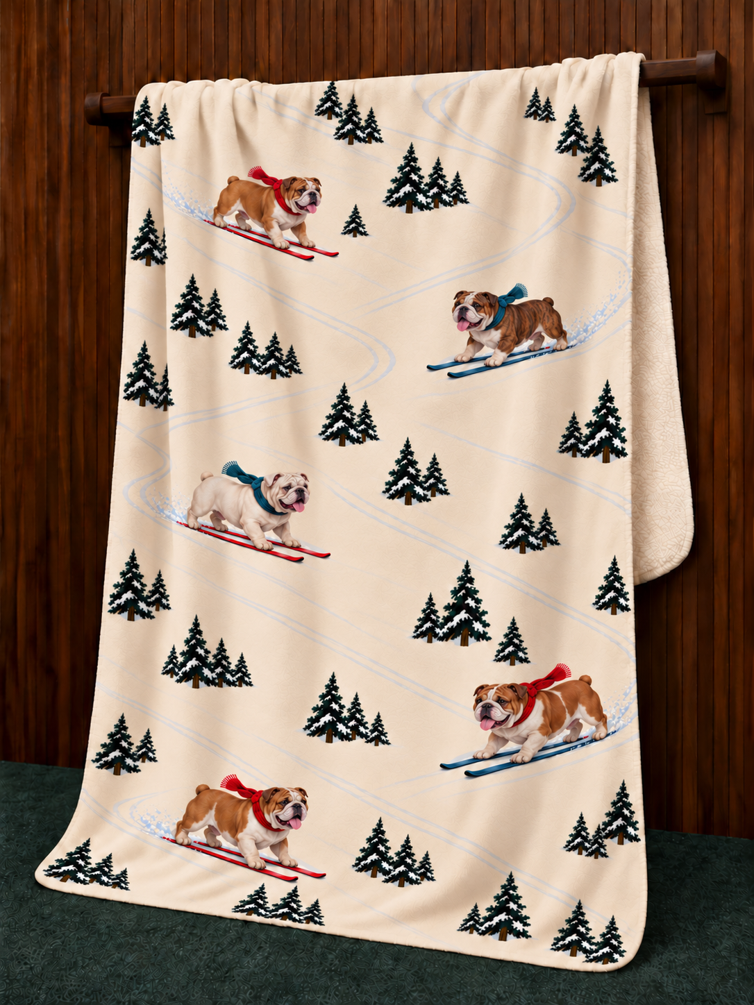 English Bulldog beige Christmas skiing fleece blanket — hanging view