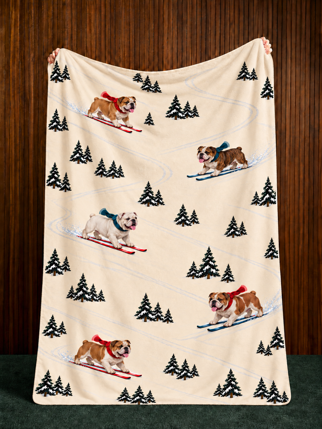 English Bulldog beige Christmas skiing fleece blanket — held view