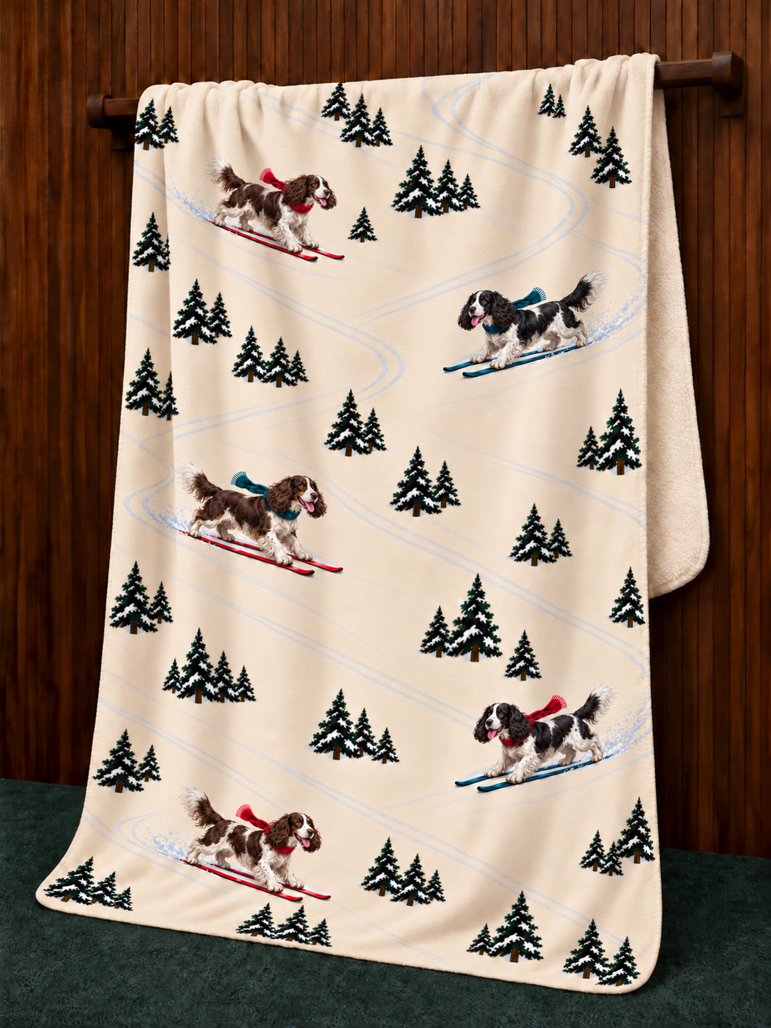 English Springer Spaniel beige Christmas skiing fleece blanket — hanging view