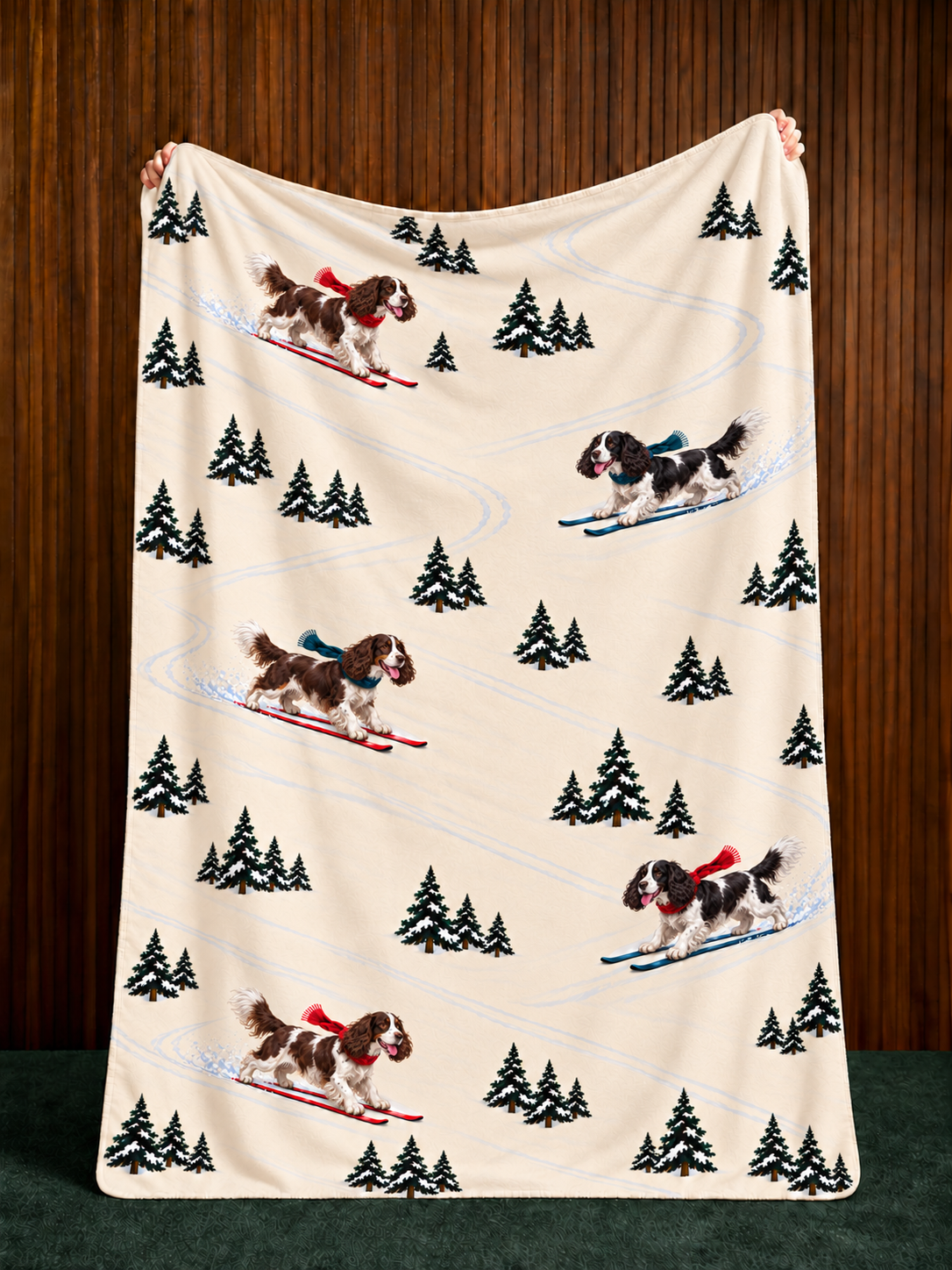 English Springer Spaniel beige Christmas skiing fleece blanket — held view