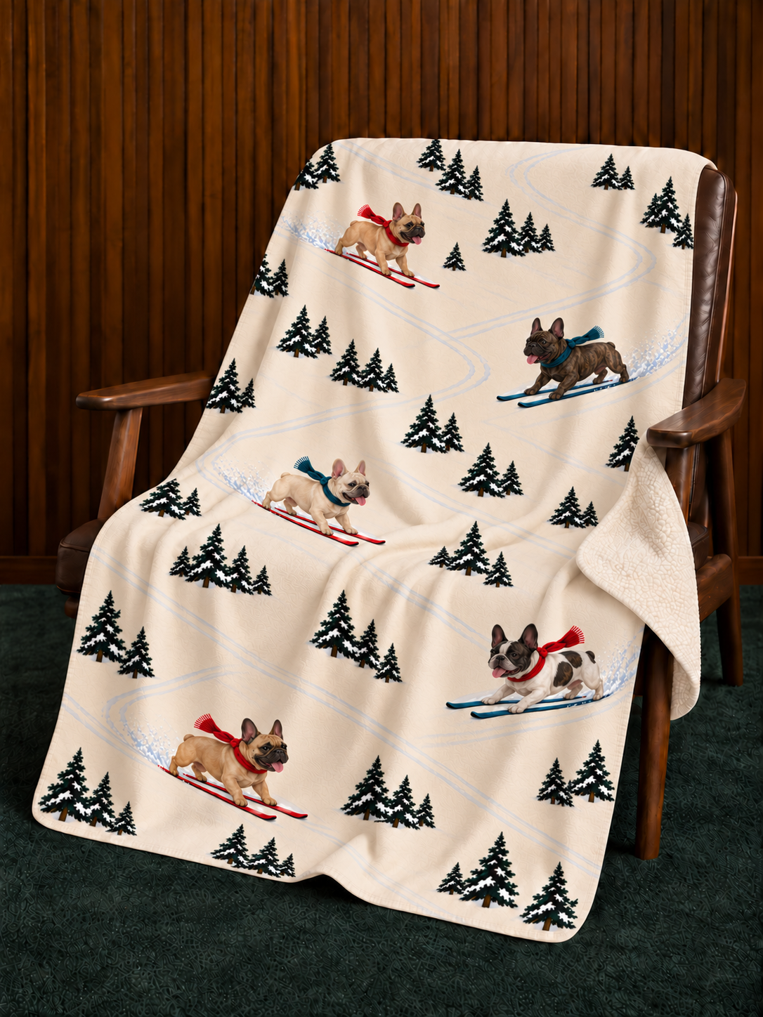 French Bulldog beige Christmas skiing fleece blanket — chair view