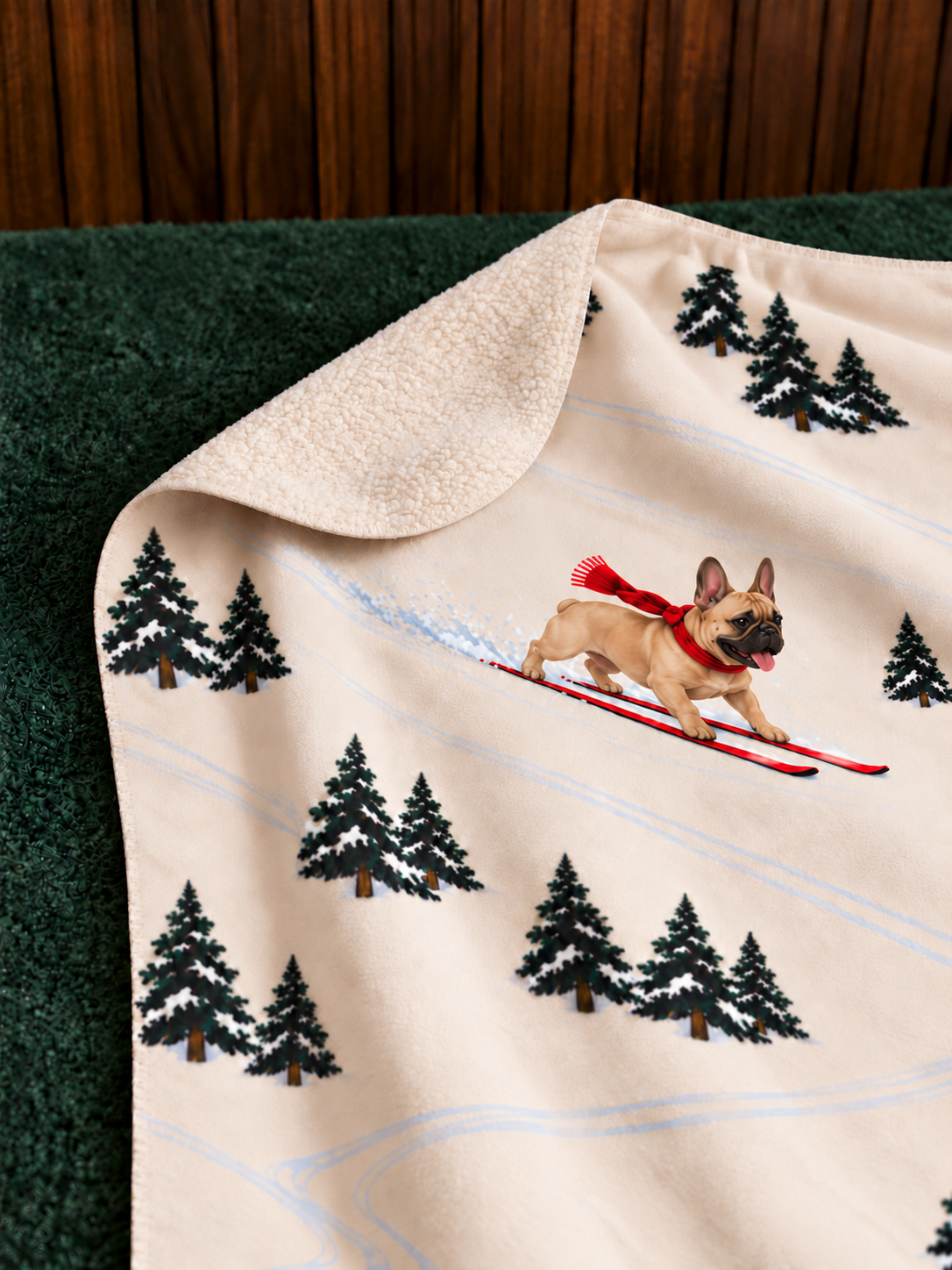 French Bulldog beige Christmas skiing fleece blanket — detail view