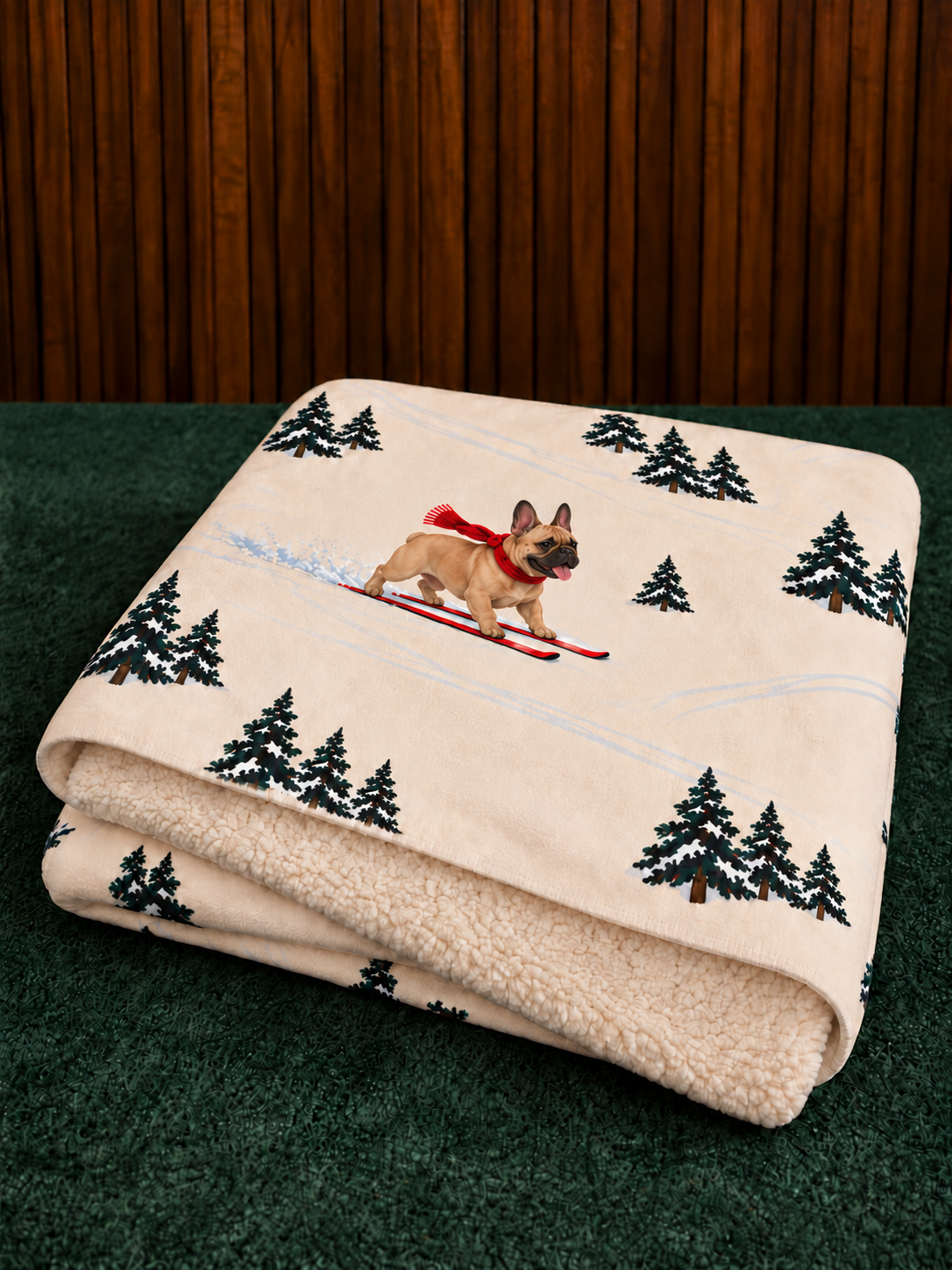 French Bulldog beige Christmas skiing fleece blanket — folded view