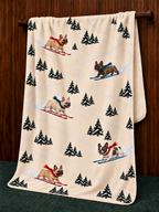 French Bulldog beige Christmas skiing fleece blanket — hanging view