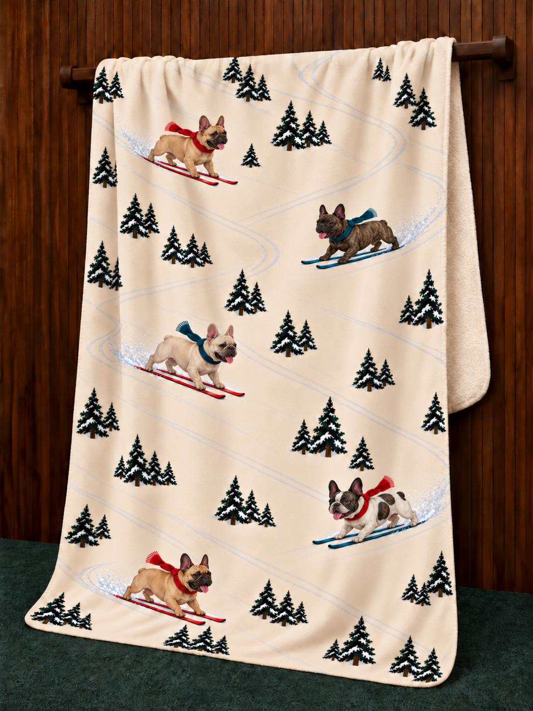 French Bulldog beige Christmas skiing fleece blanket — hanging view